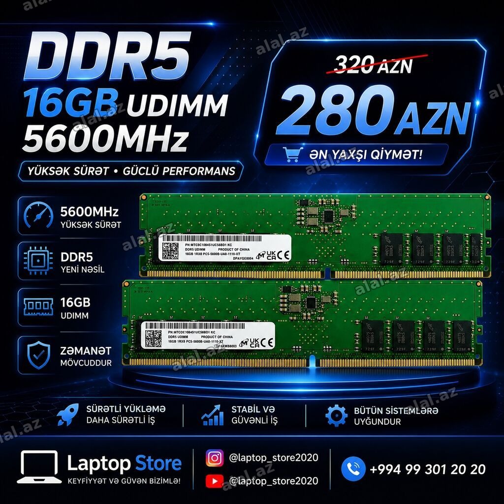 🔥 DDR5 16GB 5600MHz RAM — 280 AZN! 💾 Tutumu: 16GB ⚡ Tip: DDR5 UDIMM 🚀