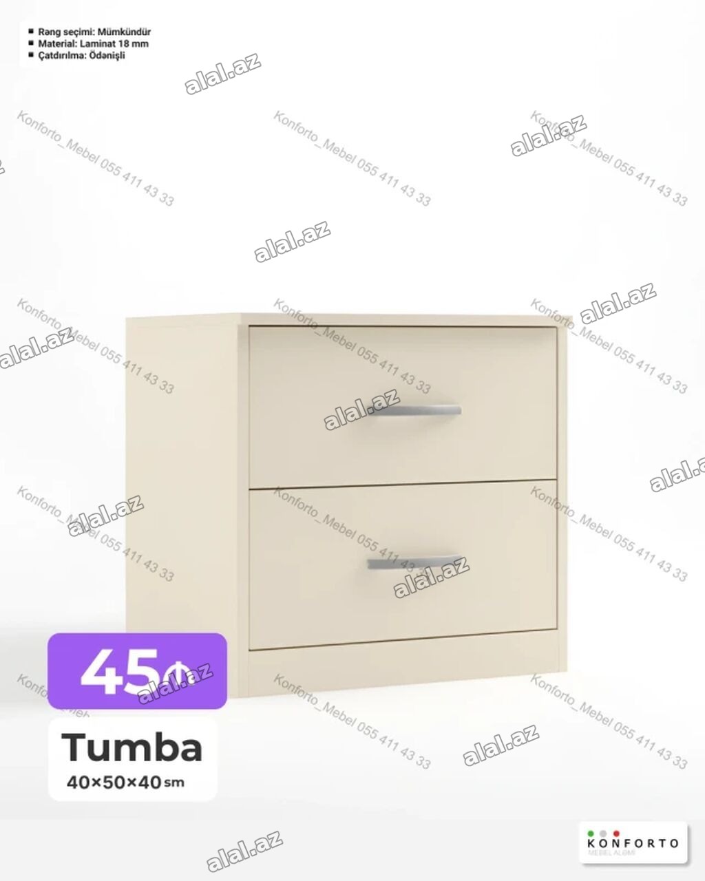 Tumba – 2 çekmecəli Ölçü: 40×50×40 sm Material: 18 mm laminat Rəng