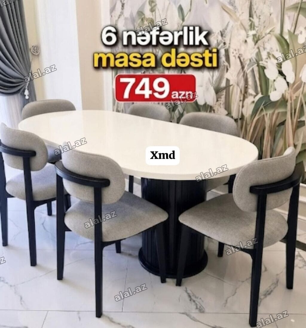 6 nəfərlik masa dəsti - Oval formalı, parlaq ağ üstlü masa - Masanın
