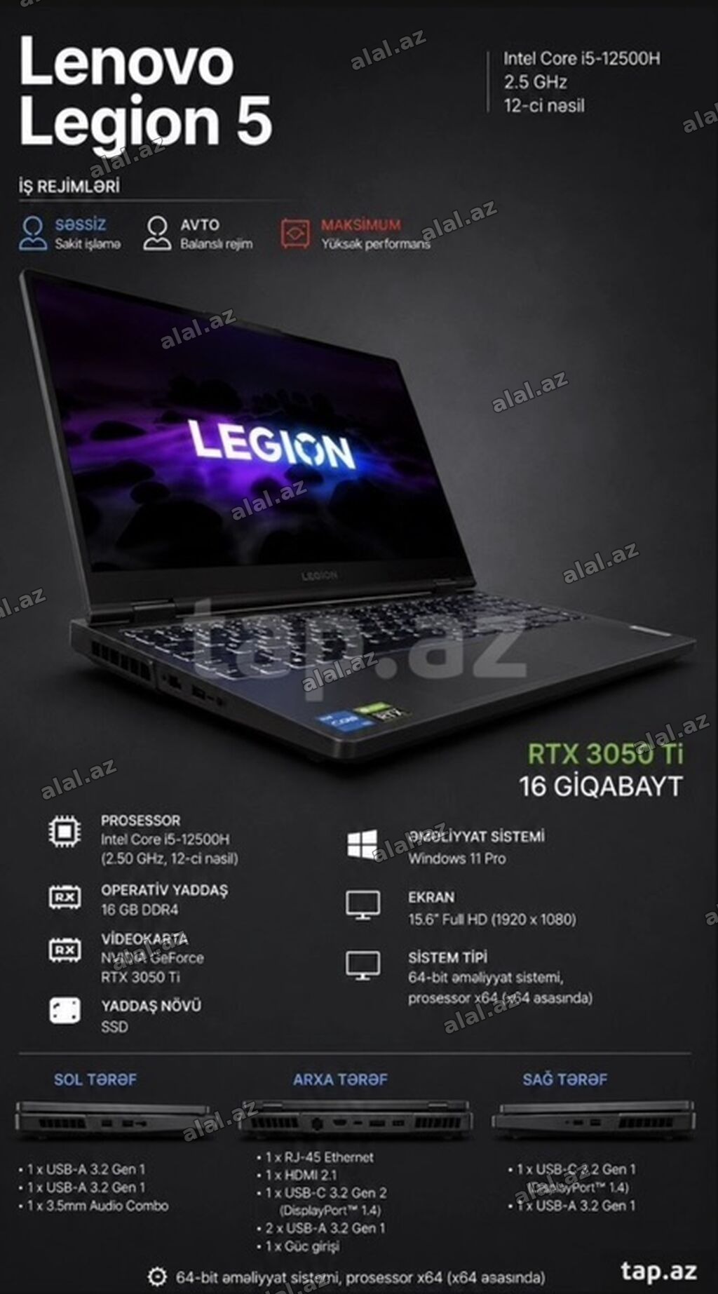 İşlənmiş Lenovo Legion, 15.6 ", Intel Core i5, 512 GB, Ünvandan götürmə