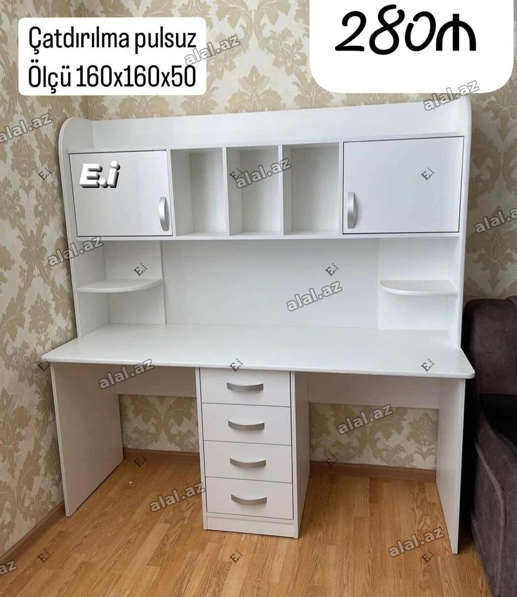 Ağ rəngli funksional yazı masası və üst dolablı rəf bloku