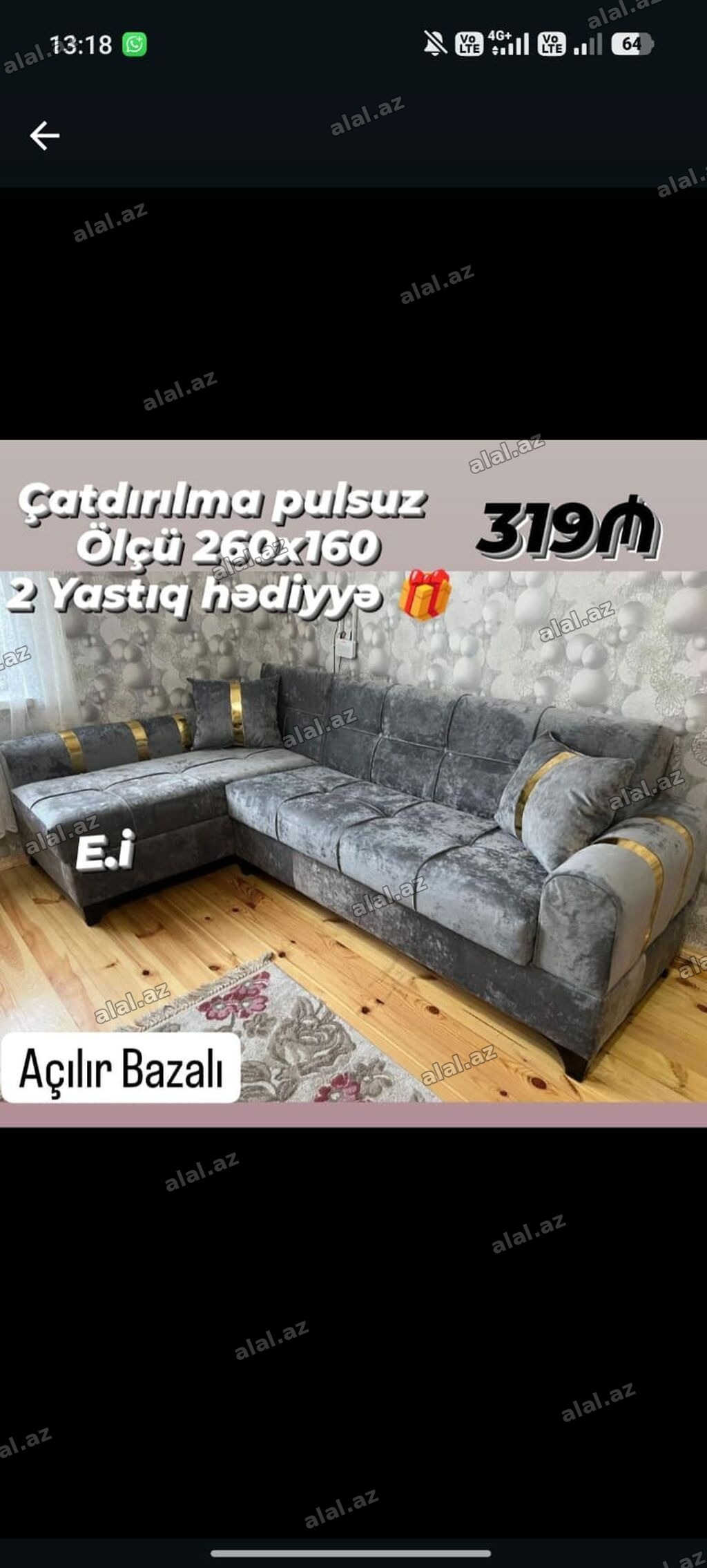 Künc divan – açılır bazalı model. - Ölçü: 260x160 sm - Rəng: boz