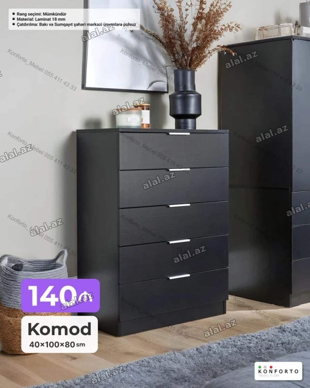 Məhsul: Komod - Ölçülər: 40 × 100 × 80 sm - Material: 18 mm laminat -