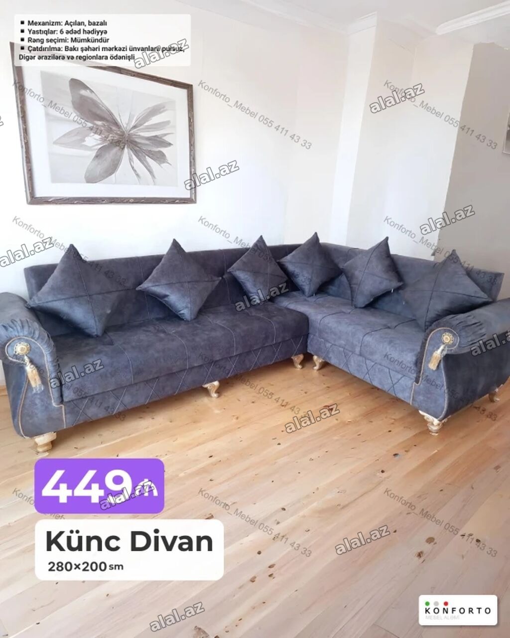 Künc divan – 280×200 sm - Mexanizm: açılan, bazalı (yataq funksiyalı
