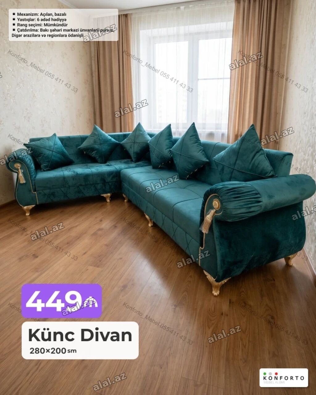 Künc Divan – 280×200 sm - Qiymət: 449 ₼ - Mexanizm: açılan, bazalı -
