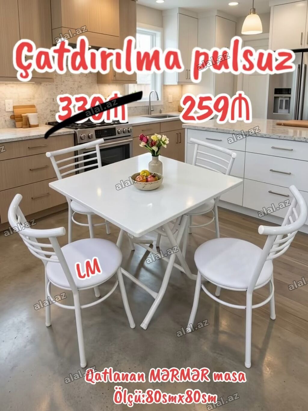 Qatlanan mərmər masa - Düzbucaqlı model: ölçü 80 sm x 80 sm - Dairəvi