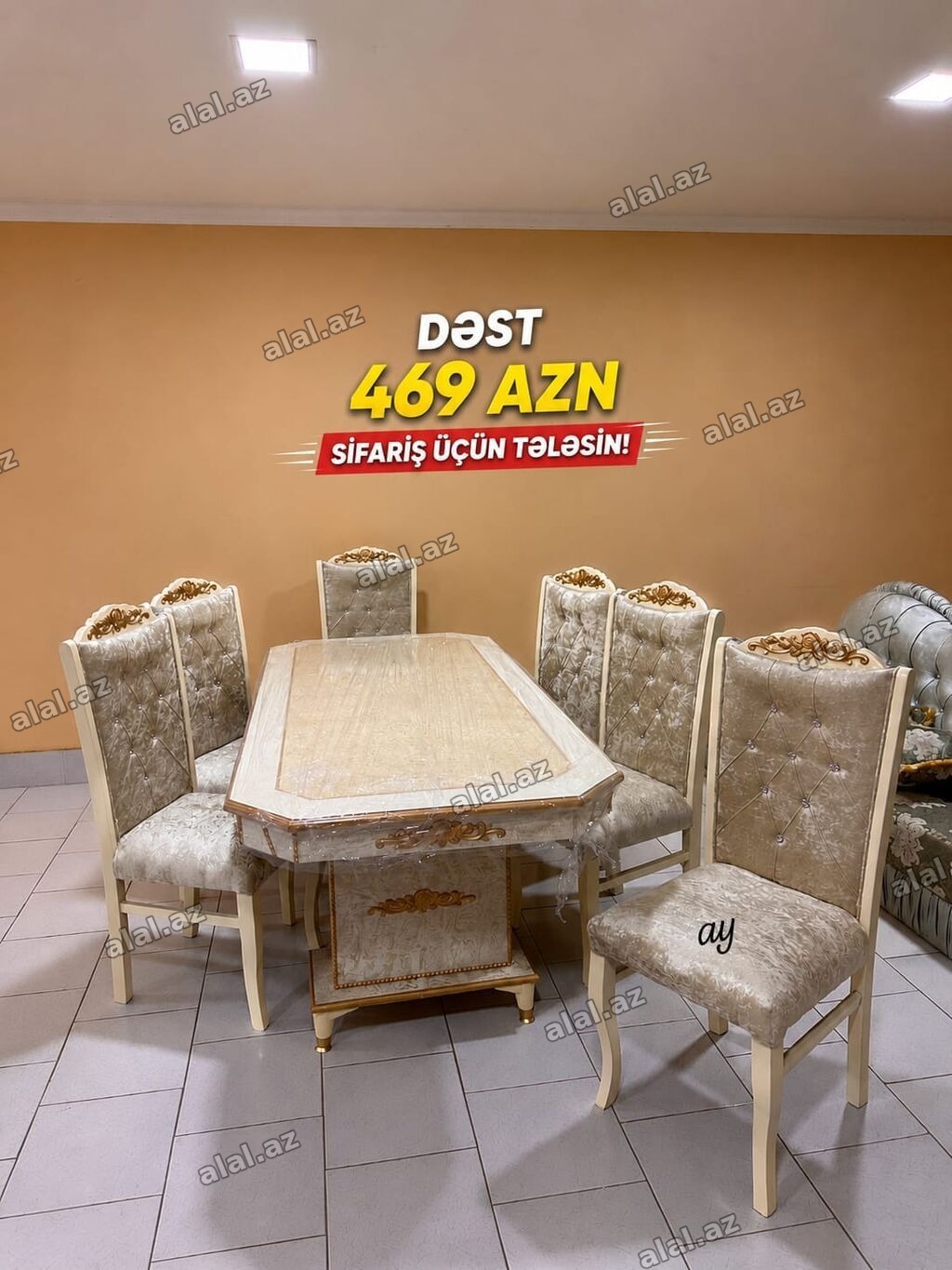 Yemək otağı dəsti – masa və 6 ədəd stul - Klassik dizayn: krem və