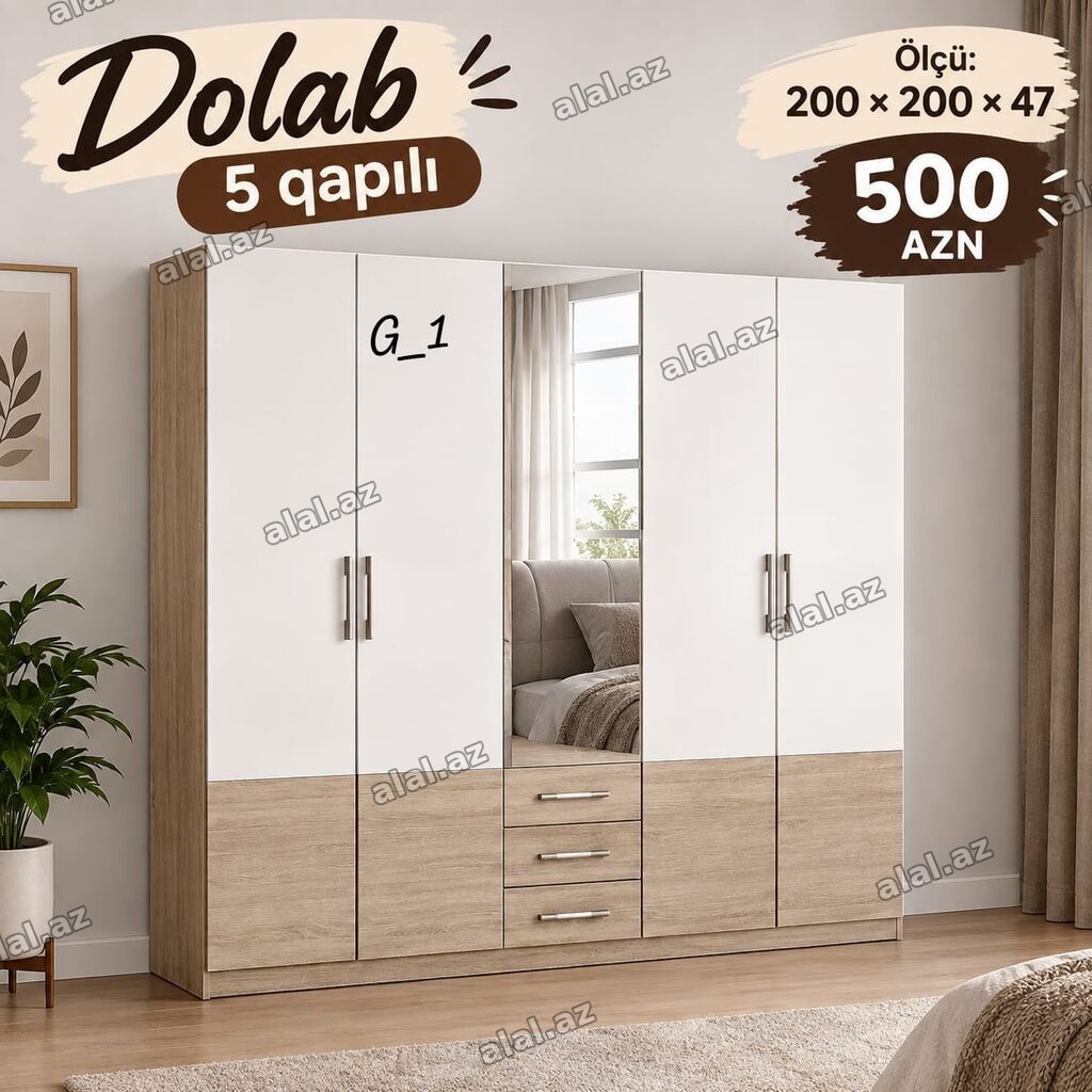 5 qapılı dolab – model G_1 Ölçü: 200 × 200 × 47 sm Qiymət: 500 AZN