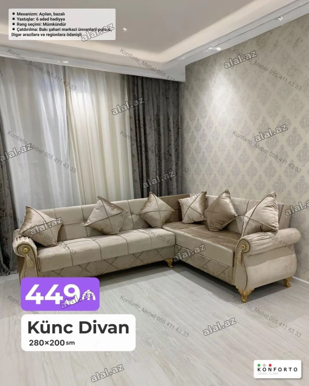 Künc divan – 280×200 sm - Mexanizm: açılan, bazalı (yataq funksiyası
