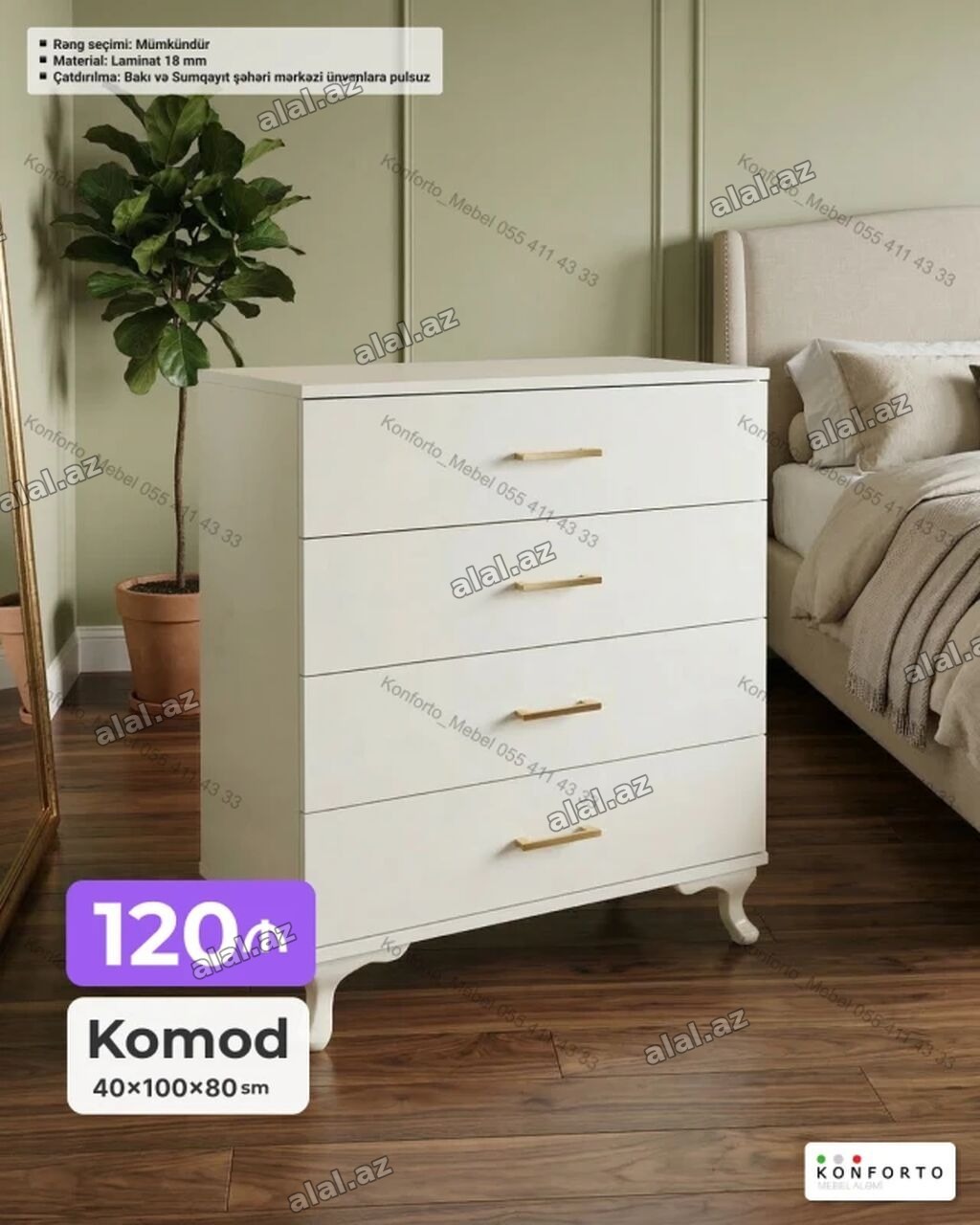 Komod – 4 çekmecəli, klassik-ağ dizayn, qızılı tutacaqlarla. Ölçü