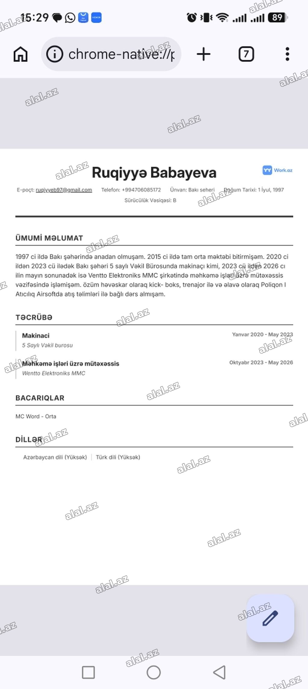 Ofis menecer, katib, 29 yaş, 5 ildən artıq təcrübə, Tam iş günü