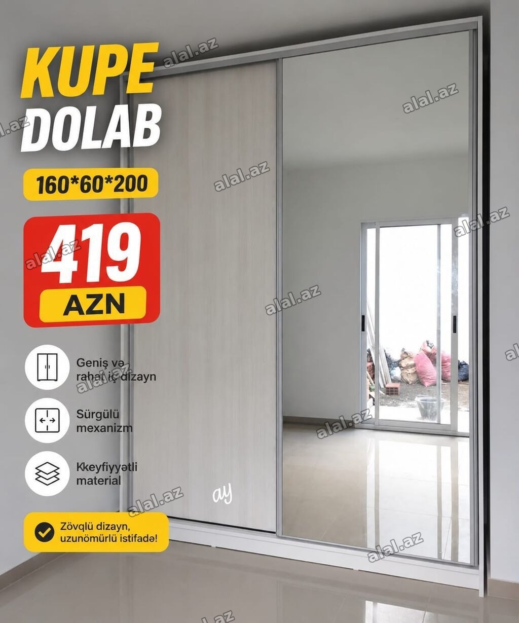 Kupe dolab – sürgülü mexanizmli, güzgülü ön panel. Ölçülər: 160×60×200