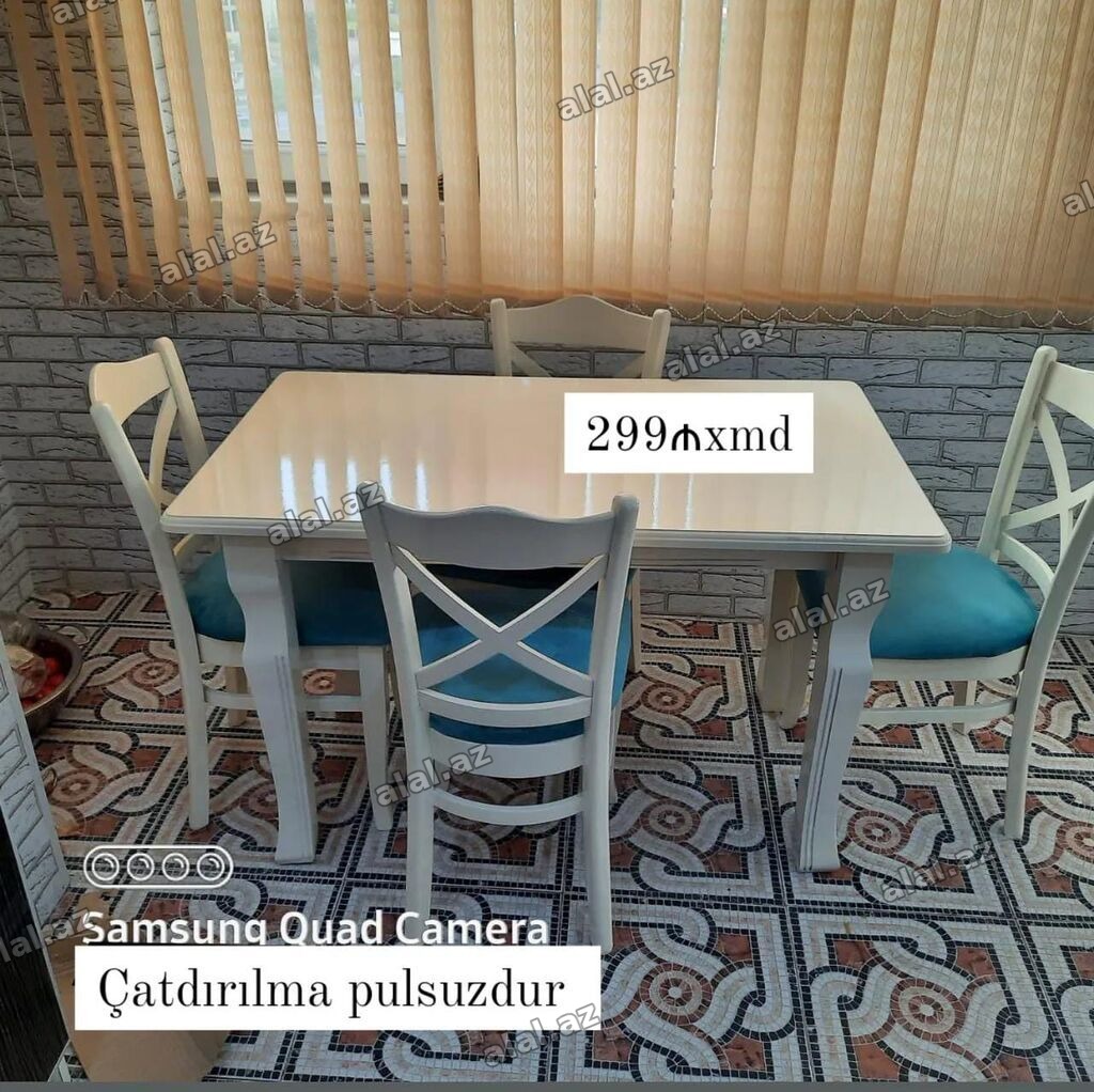 Ağ rəngdə yemək masa dəsti – 1 masa və 4 stul. Xüsusiyyətlər: -