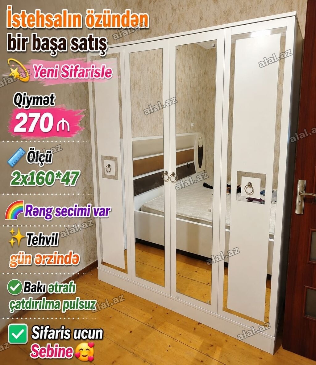 - Ağ rəngdə dörd qapılı geyim şkafı, iki qapıda tam boy güzgü