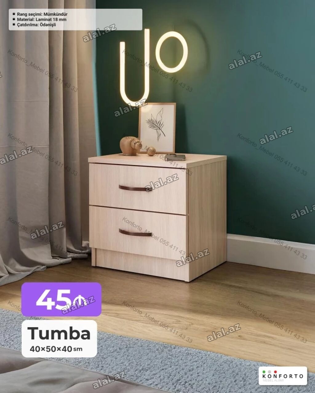 Tumba – 40×50×40 sm ölçüdə, iki çekmecəli model. Səliqəli minimal