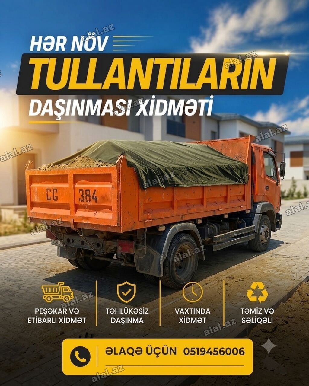 Xidmət: Hər növ tullantıların daşınması Təsvir: - Məişət, tikinti