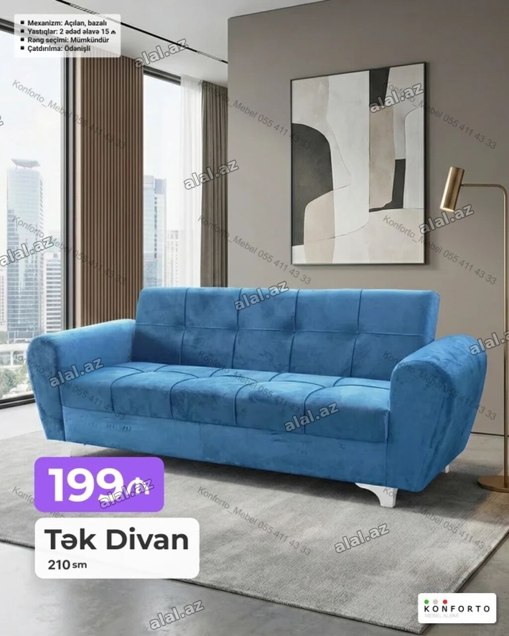 Tək Divan – 210 sm - Mexanizm: açılan, bazalı (alt hissə saxlama üçün