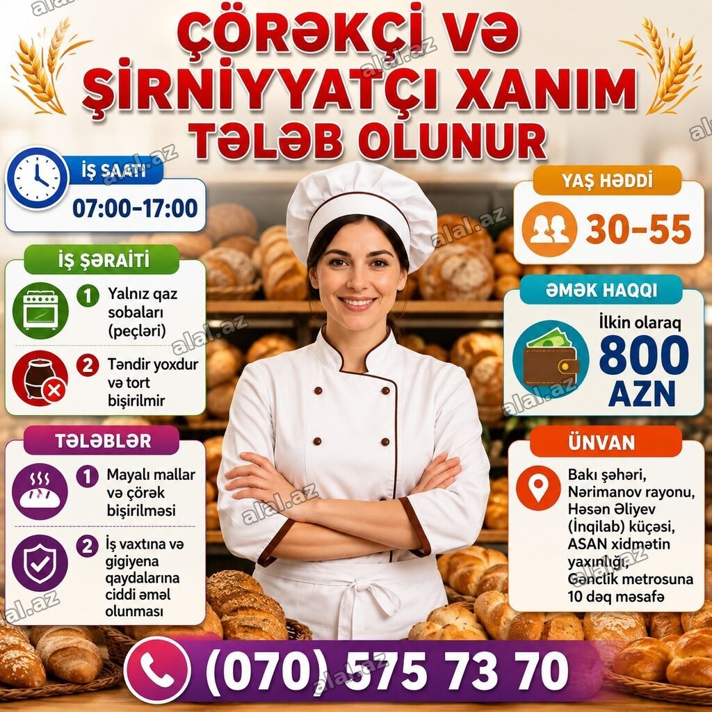 Aşpaz tələb olunur, Çörəkçi, 30-45 yaş