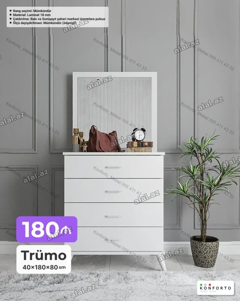 Trümo – 40×180×80 sm - Minimalist dizaynlı, geniş güzgülü trümo - 4
