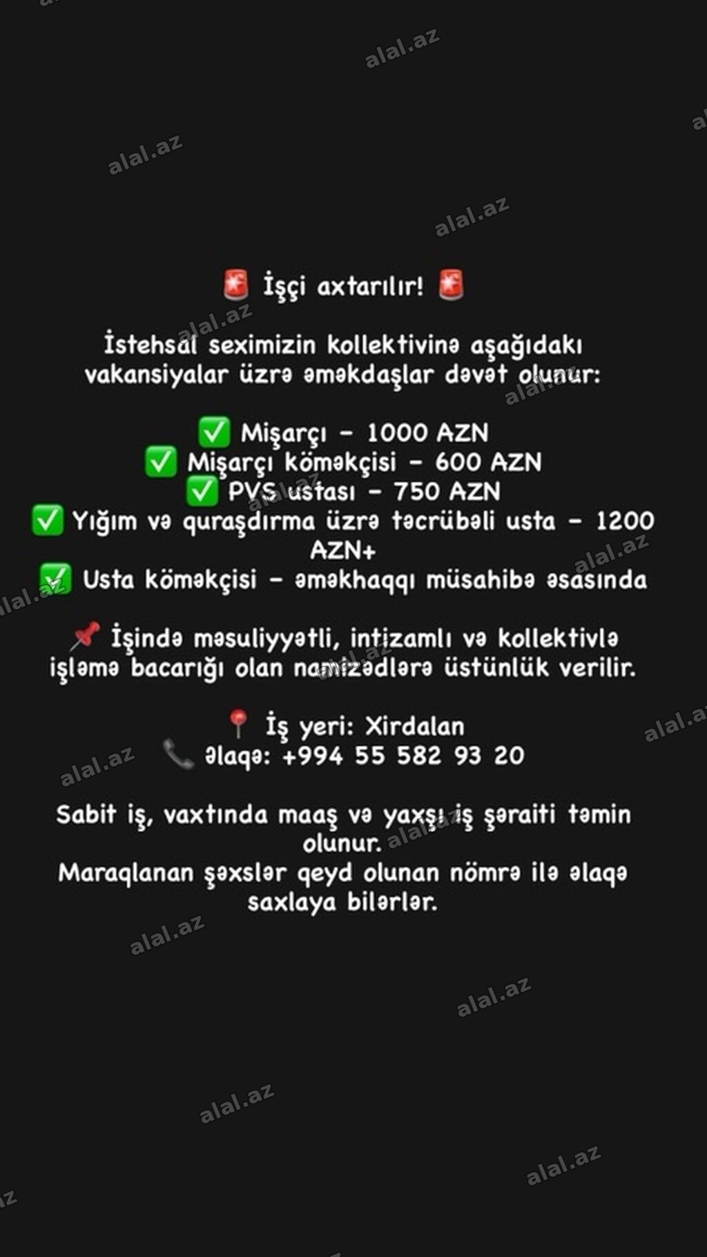 Vakansiyalar – istehsal sexi Aşağıdakı vəzifələr üzrə əməkdaşlar