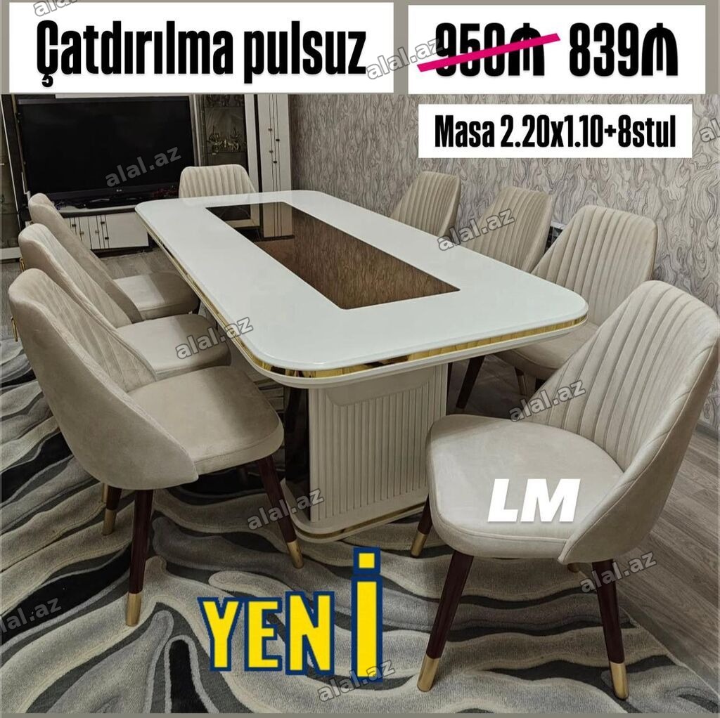 Yemək otağı dəsti – masa və 8 stul - Ölçü: Masa 2.20 x 1.10 m -
