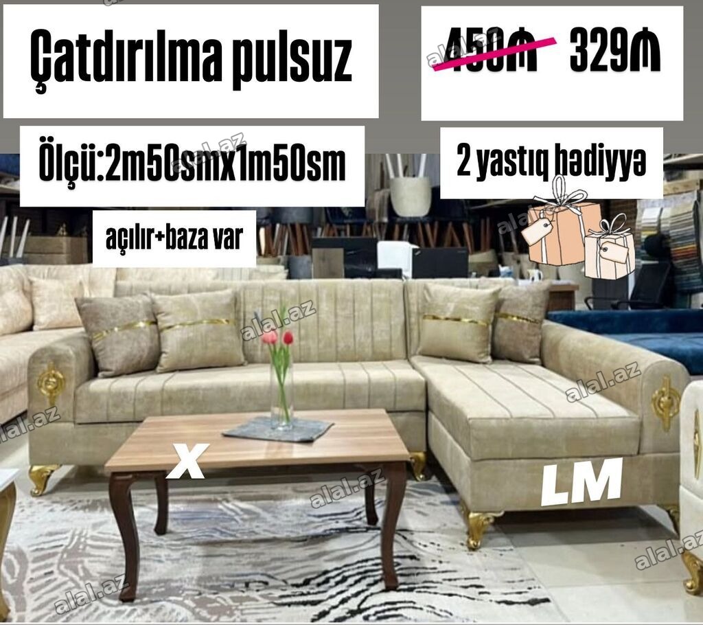 Künc divan dəsti - Ölçü: 2 m 50 sm x 1 m 50 sm - Açılır mexanizmli