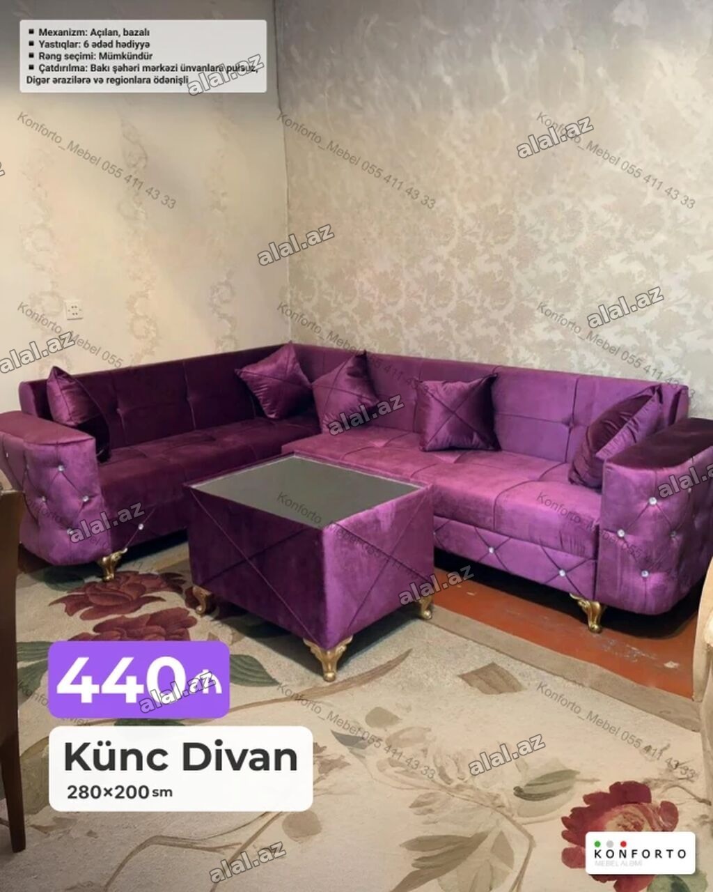 Künc divan – 280×200 sm - Açılan, bazalı mexanizm - 6 ədəd yastıq