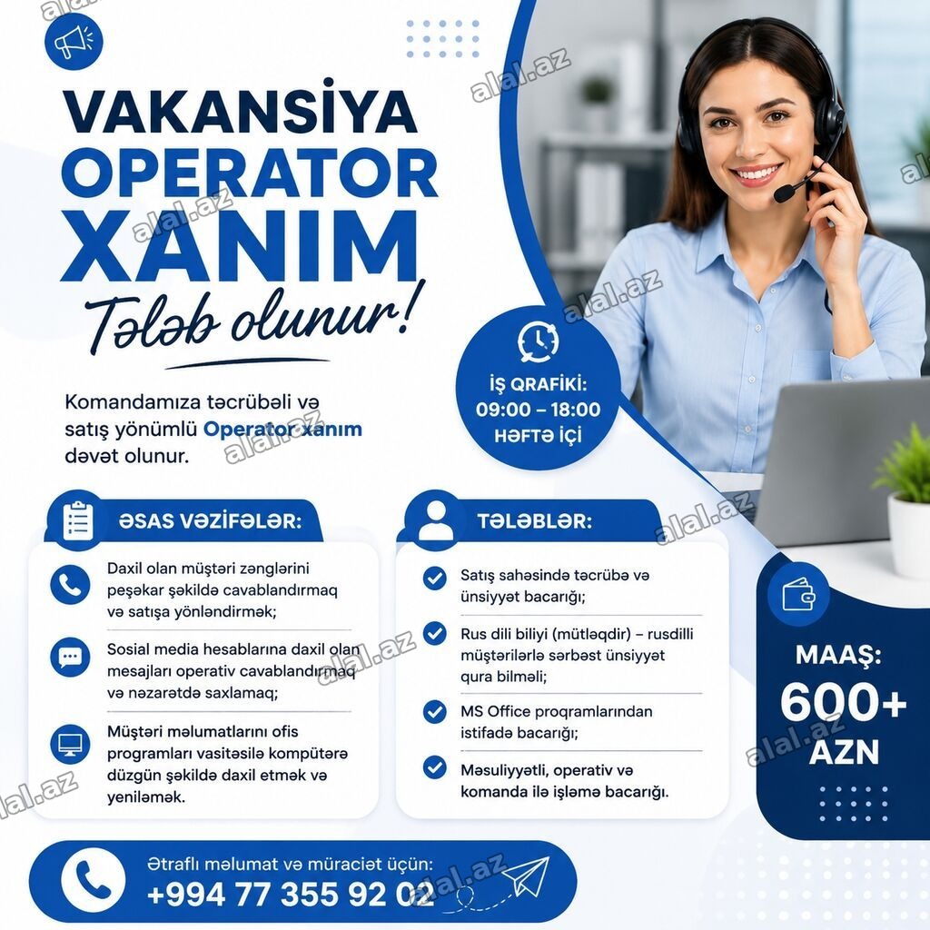 Çağrı mərkəzi operatoru tələb olunur, Yalnız qadınlar üçün, 1-2 illik təcrübə, A