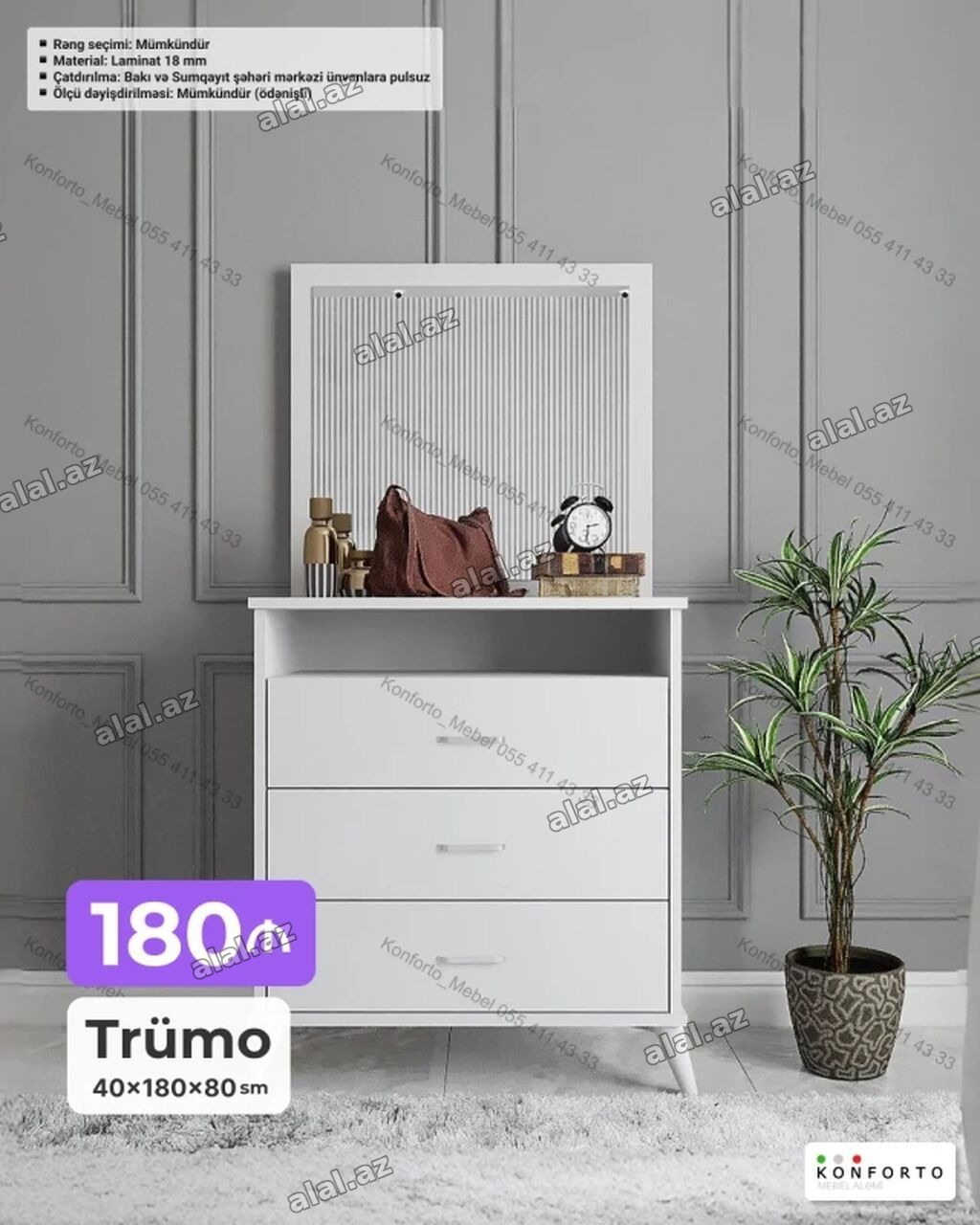 Trümo – 40×180×80 sm Ağ rəngli, müasir dizaynlı trümo. Üst hissədə