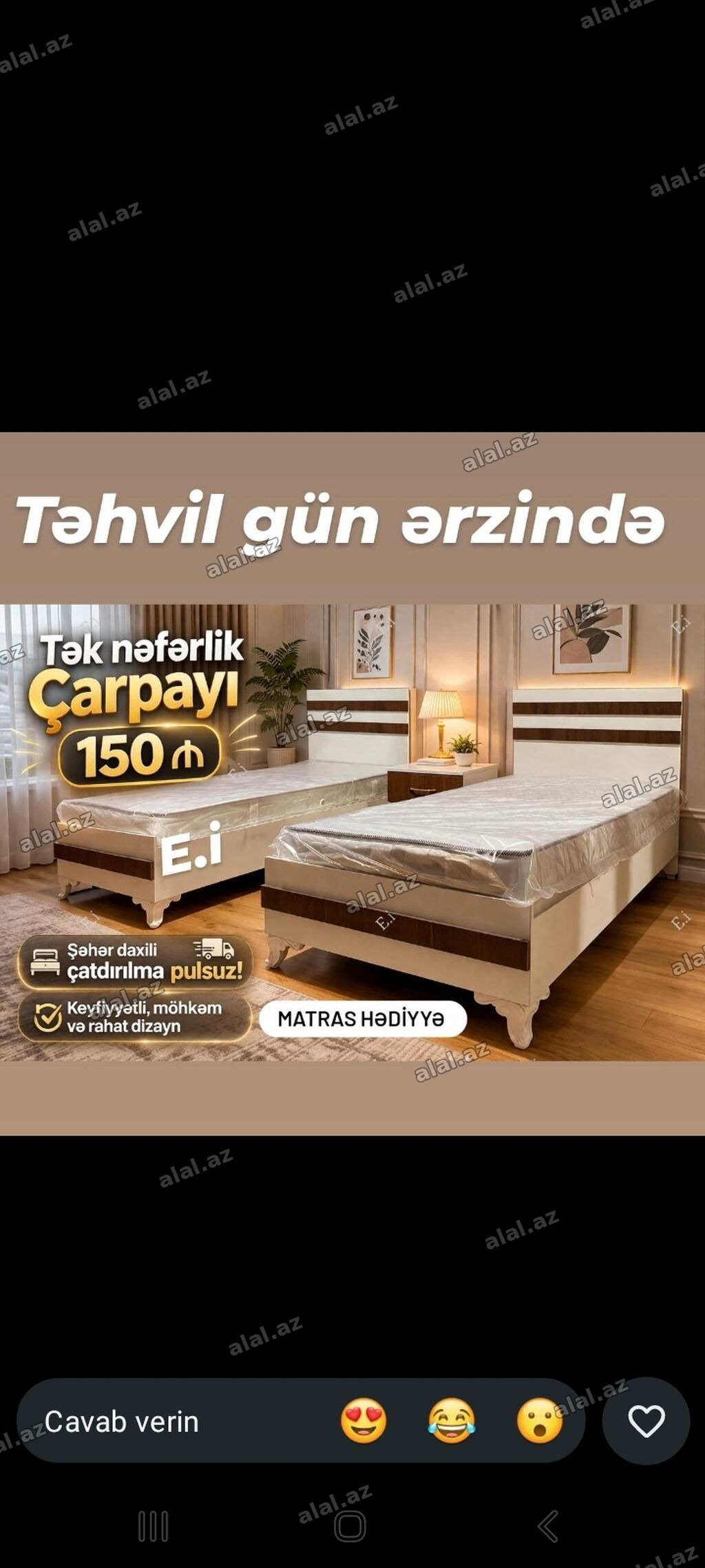 Tək nəfərlik çarpayı – 90x200 sm ölçüdə. Sadə və zövqlü dizayna
