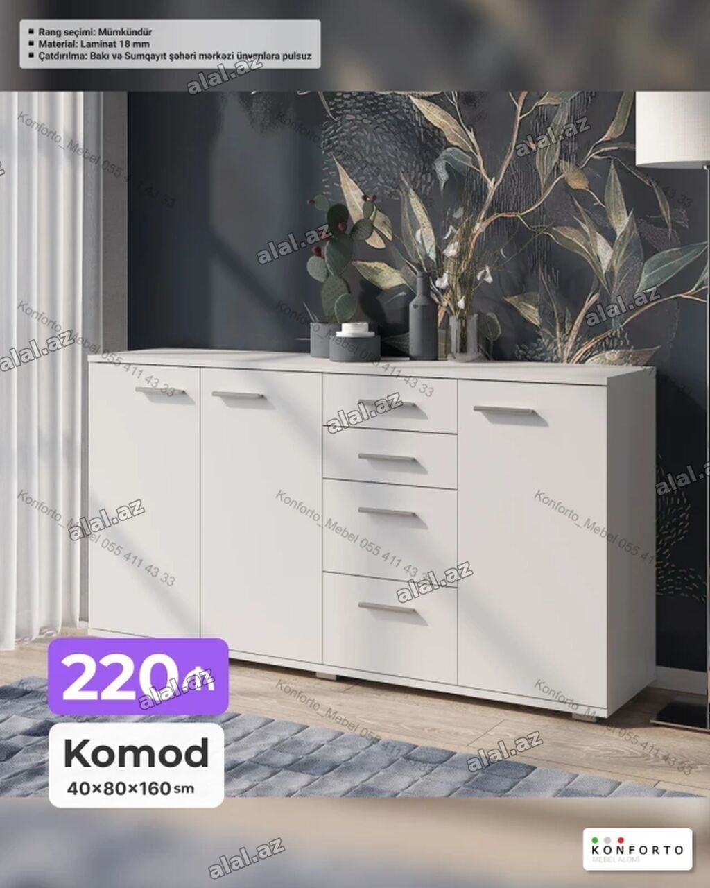 Ağ rəngli komod – müasir minimal dizayn. Ölçülər: - 40×80×160 sm