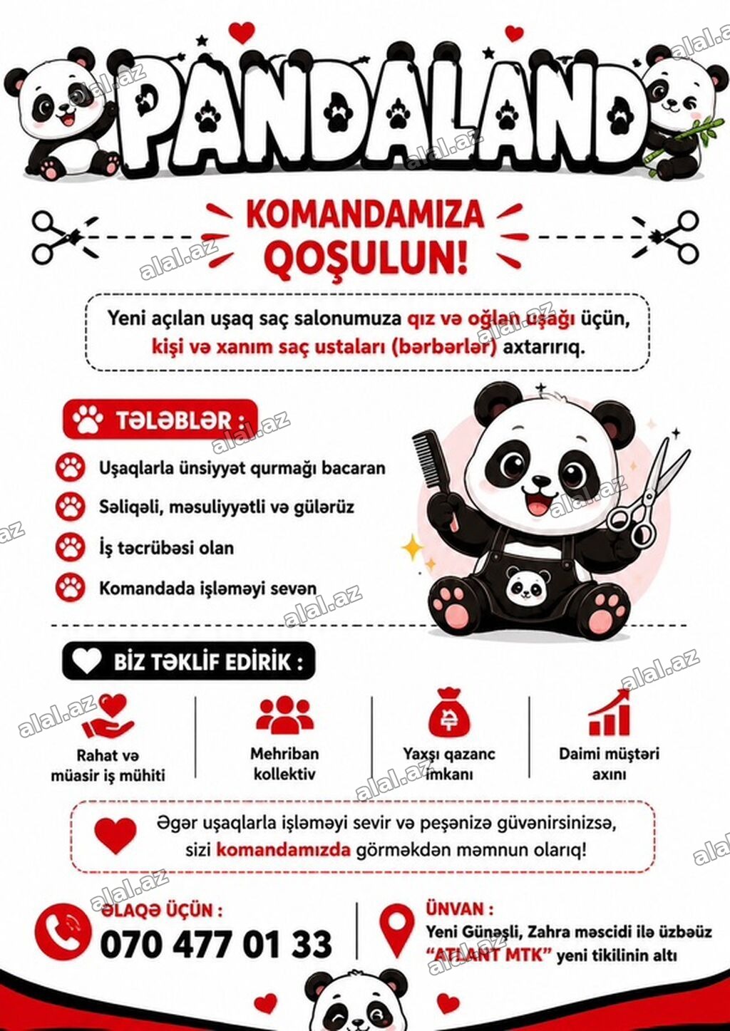 PANDALAND uşaq saç salonu üçün kişi və xanım saç ustaları (bərbərlər)