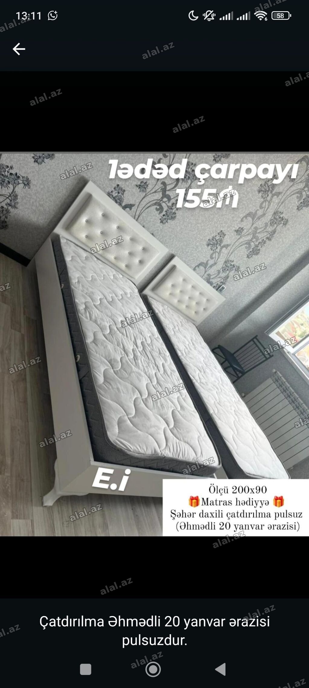 Məhsul: Tək çarpayı - Ölçü: 200x90 sm - Dizayn: Ağ rəng, yumşaq
