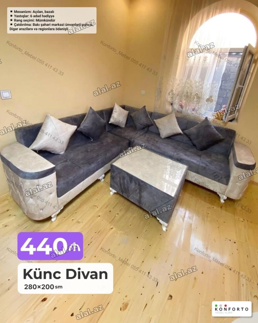 Künc divan – 280×200 sm - Mexanizm: açılan, bazalı (yataq funksiyalı