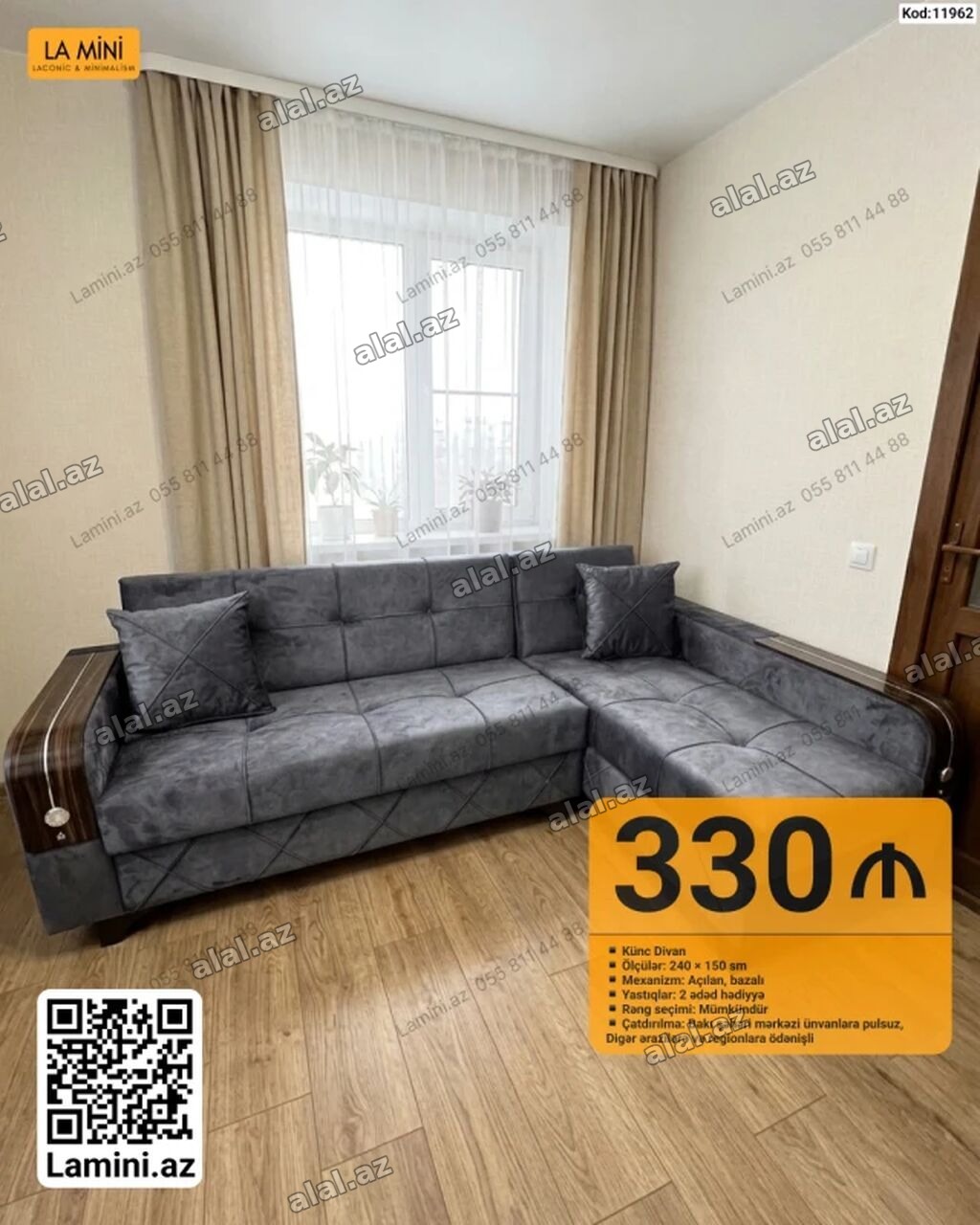 Künc divan - Ölçülər: 240 × 150 sm - Mexanizm: açılan, bazalı -