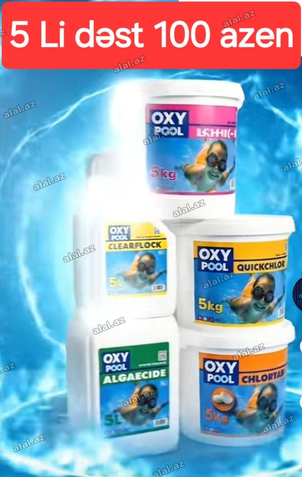 OXY POOL hovuz kimyəvi vasitələri – 5-li dəst (şəkildəki məhsullar)