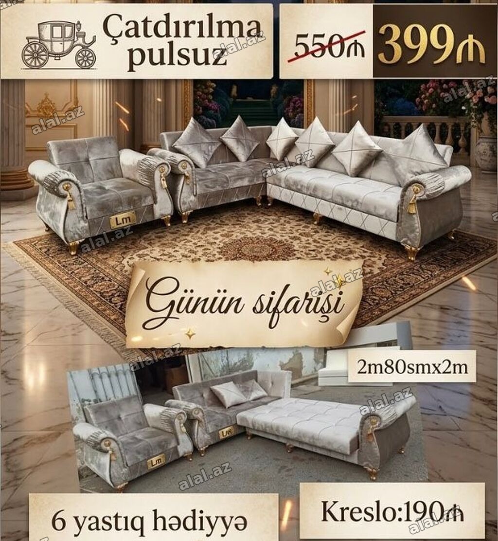 Günün sifarişi: yumşaq məxməri L‑şəkilli künc divan dəsti - Ölçü: 2 m