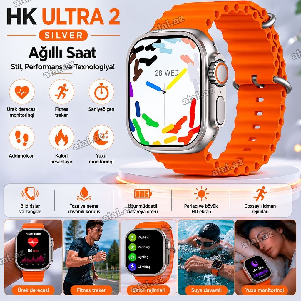 Kategoriya: Smart saatlar Məhsul: Smart saat HK Ultra2 Silver Orange