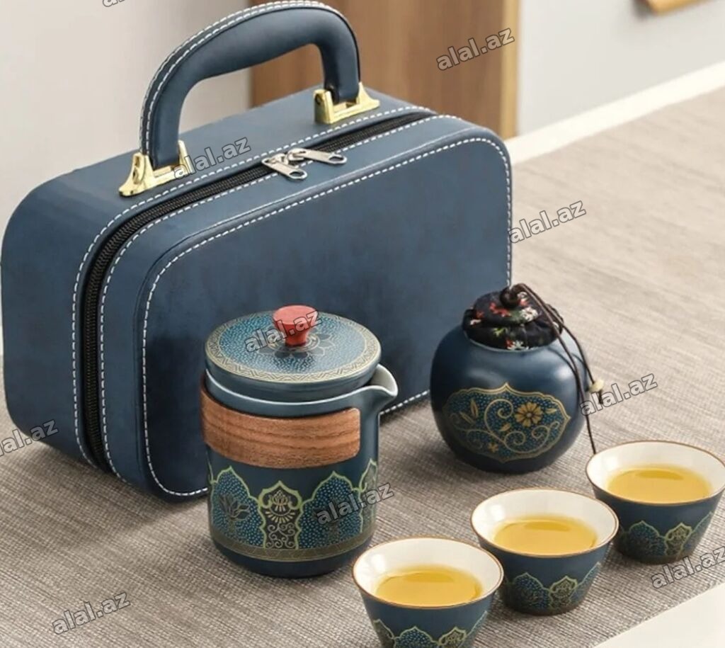 Çay dəsti, rəng - Göy, Keramika, 3 nəfərlik