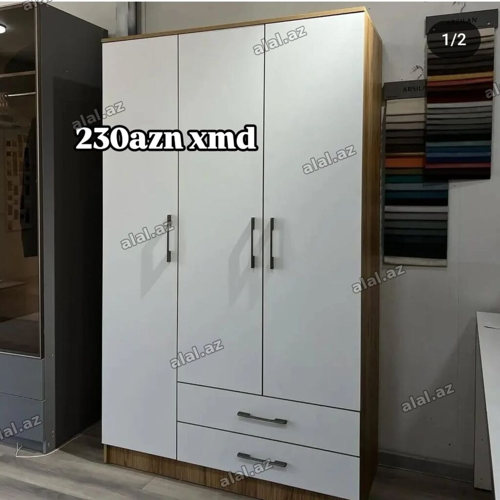 Üç qapılı geyim dolabı - Minimalist dizayn: ağ ön panellər, ağac