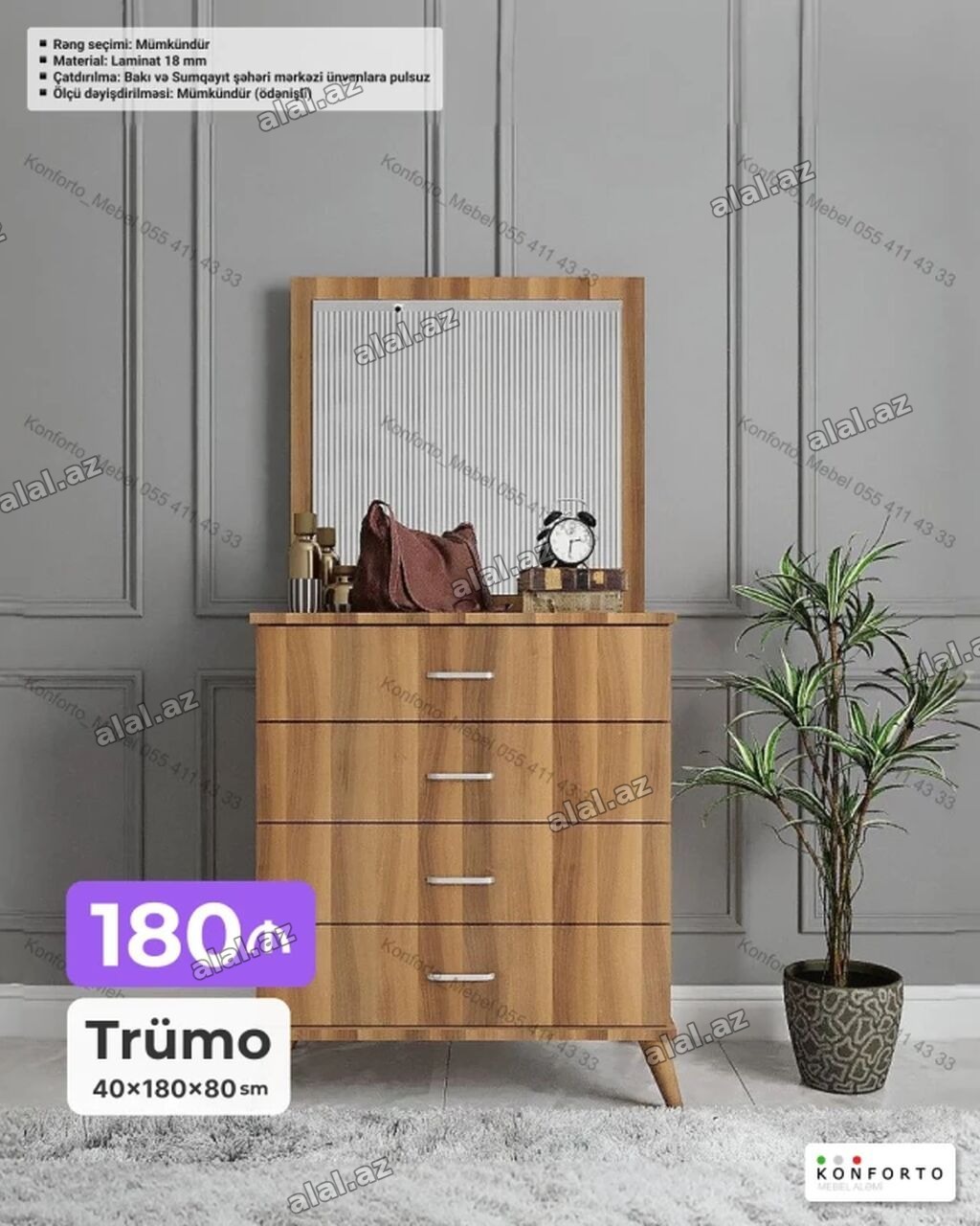 Trümo – 40×180×80 sm - Material: 18 mm laminat - Rəng seçimi