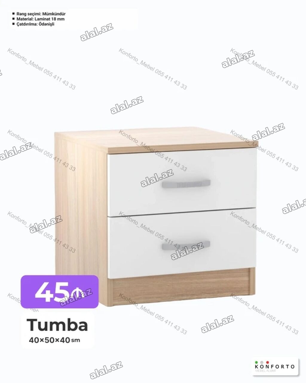 Tumba – 2 çekmecəli - Ölçü: 40×50×40 sm - Material: 18 mm laminat -