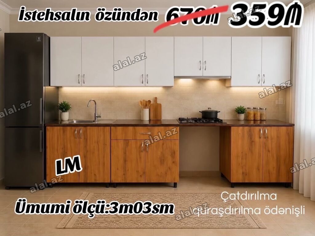 Mətbəx mebeli dəsti - Ümumi ölçü: 3 m 03 sm - Üst şkaflar: ağ rəngdə