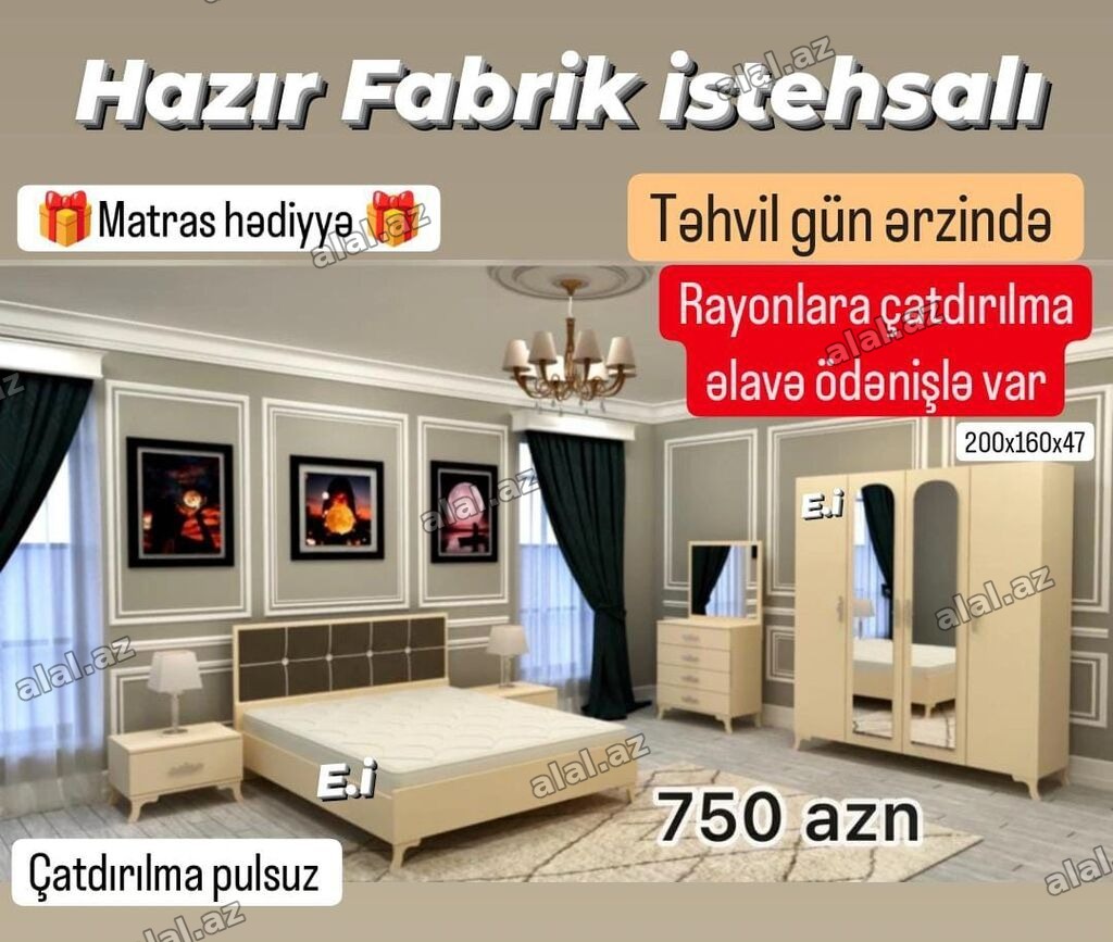 Yataq otağı mebel dəsti – hazır fabrik istehsalı. Dəst tərkibi: - İki