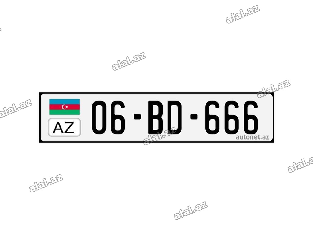 Nömrə nişanı: 06-BD-666 - Ölkə/standart: Azərbaycan (AZ), ağ fonlu