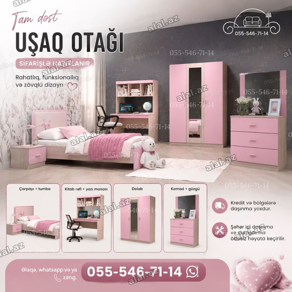 Qız üçün, Yeni, Təknəfərlik çarpayı, Yazı masası, Dolab, Termo