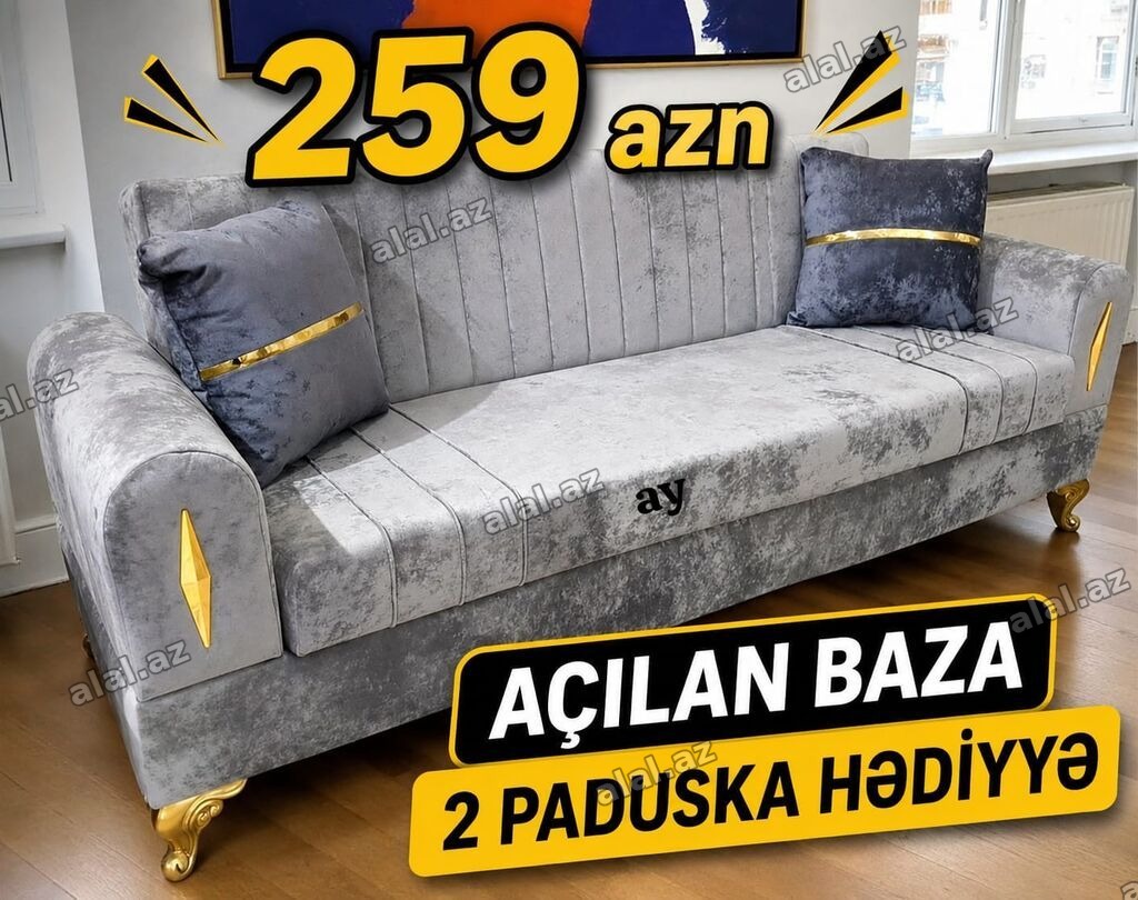 Açılan baza funksiyalı divan - Rəng: boz, qızılı dekor elementləri