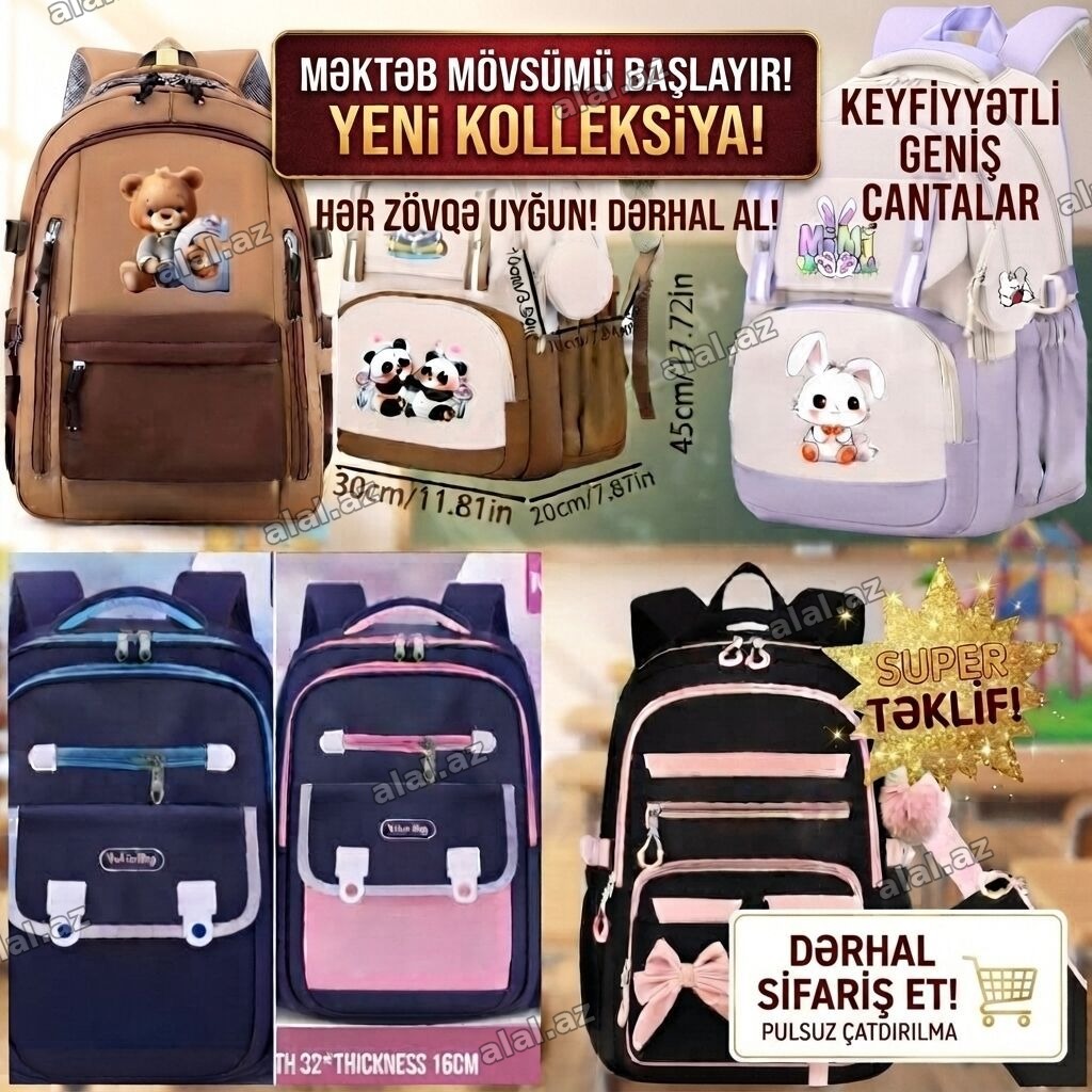 Endirimli keyfiyyətli məktəb çantaları - Ölçü: 45 sm hündürlük, 30 sm