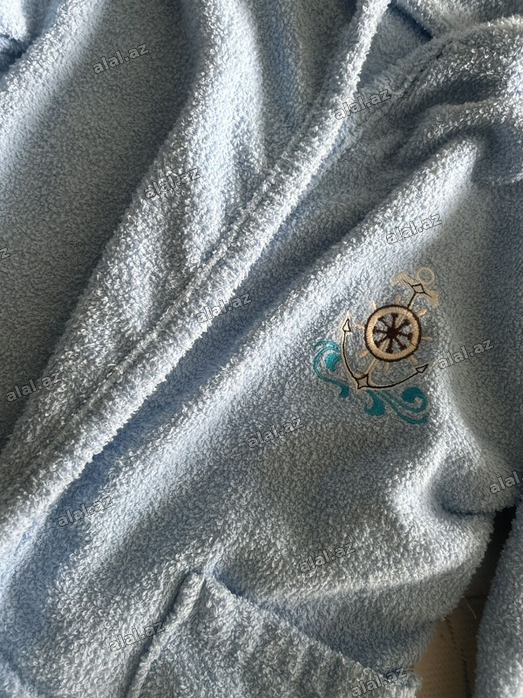 Uşaq xalatı – mavi, kapüşonlu, yumşaq frotte parça - Material: qalın