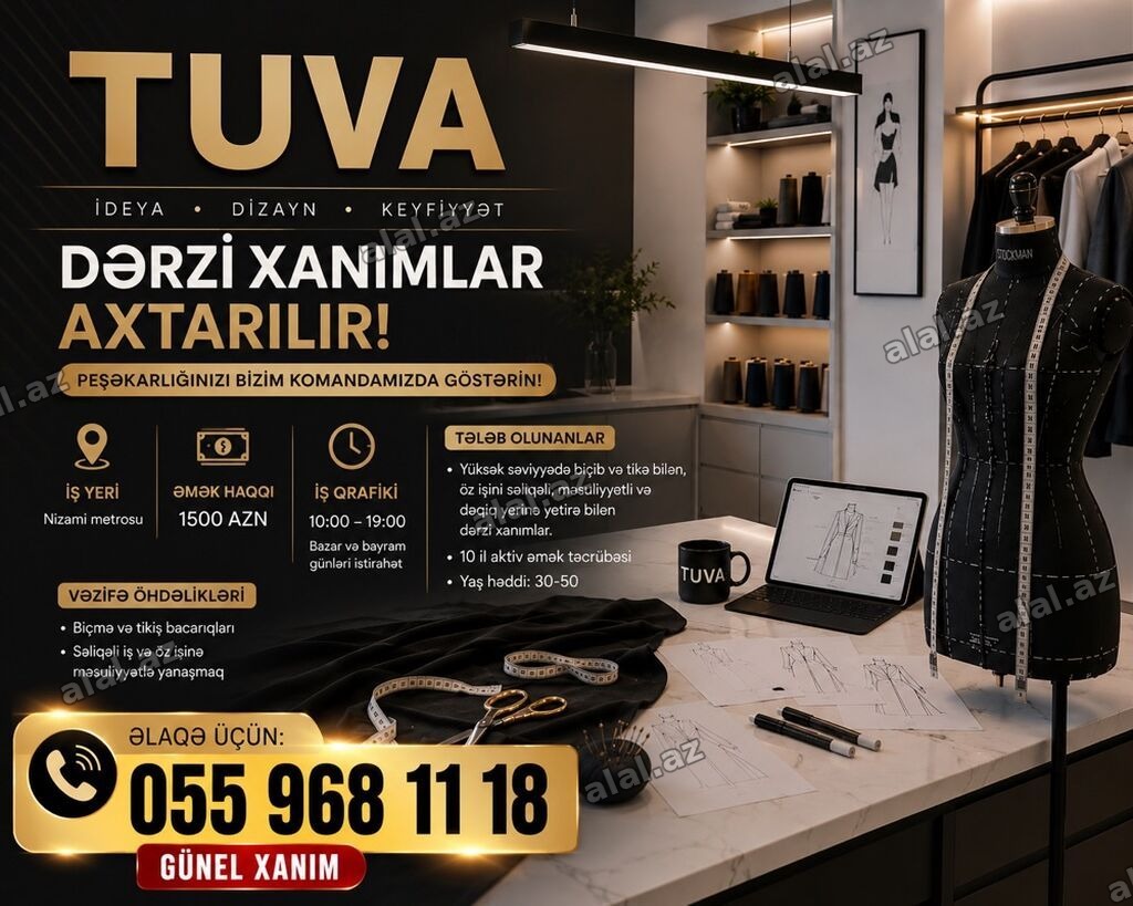 Dərzi tələb olunur, 6 ildən artıq təcrübə, 6/1, Aylıq ödəniş